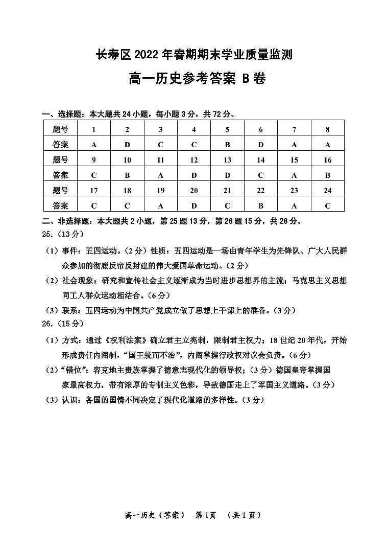 重庆市长寿区2021—2022学年度第二学期期末学业质量监测高一历史试题B卷01