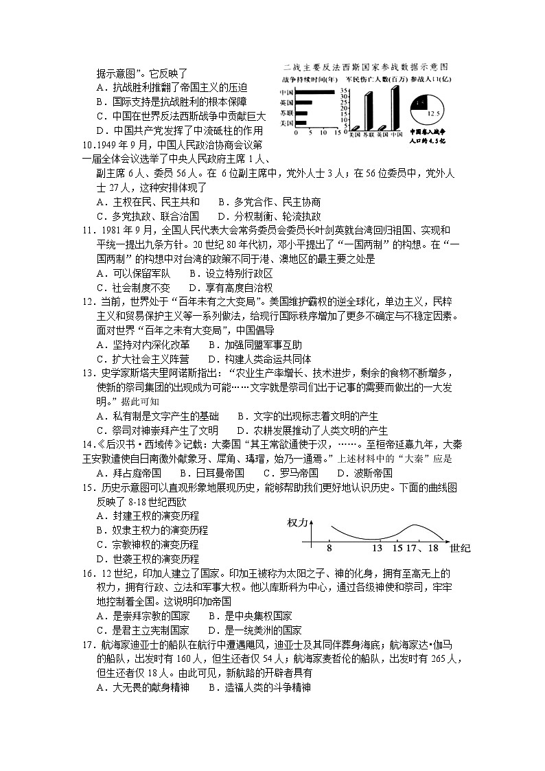 重庆市长寿区2021—2022学年高一下学期期末学业质量监测历史试题B卷02