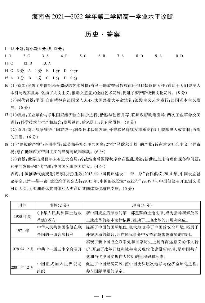 海南省2021-2022学年高一下学期期末学业水平诊断历史试题01