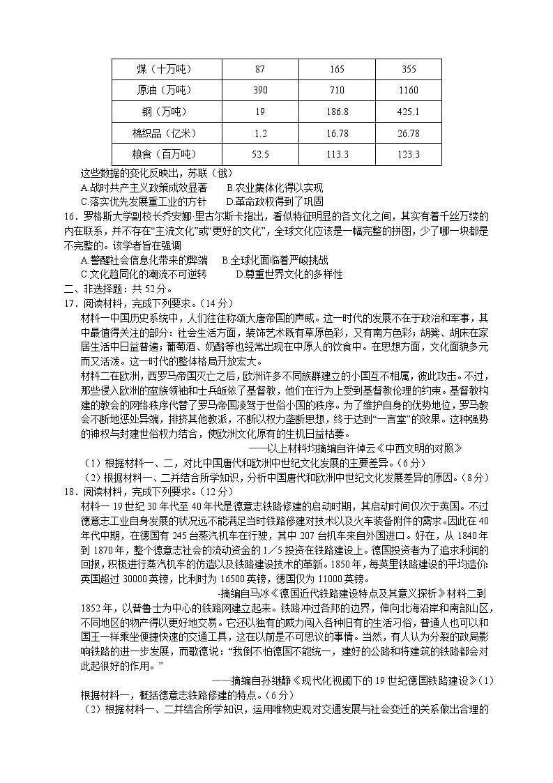 广东省肇庆市2021-2022学年高二下学期期末教学质量检测历史试题03