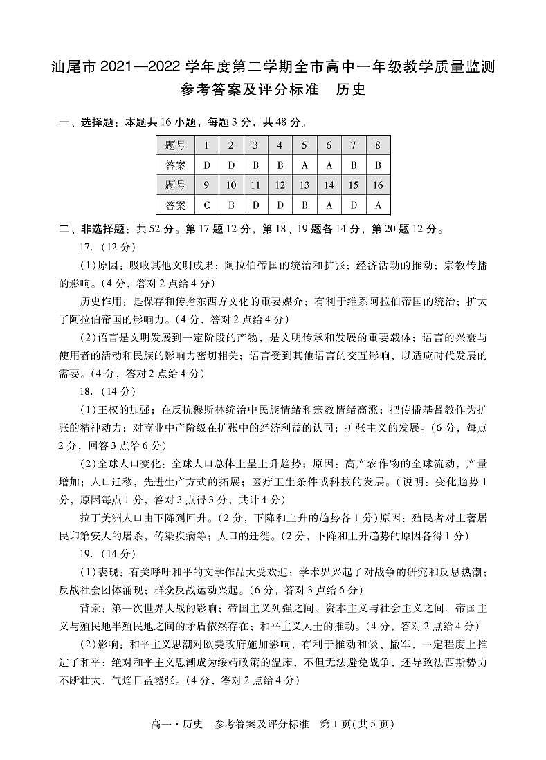 广东省汕尾市2021-2022学年高一下学期全市教学质量监测历史试题01