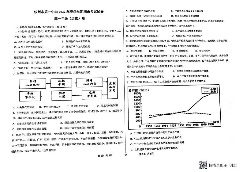 广西壮族自治区钦州市2021-2022学年高一下学期期末考试历史试题01