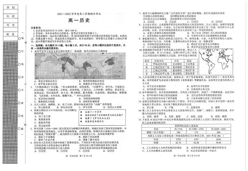 2021-2022锦州市第二学期期末 考试试卷 高一历史 试卷第1页