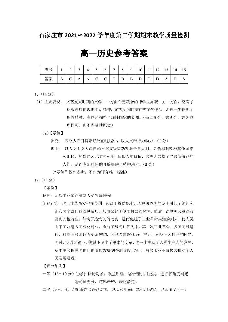 河北省石家庄市2021-2022学年高一下学期期末教学质量检测历史试题01