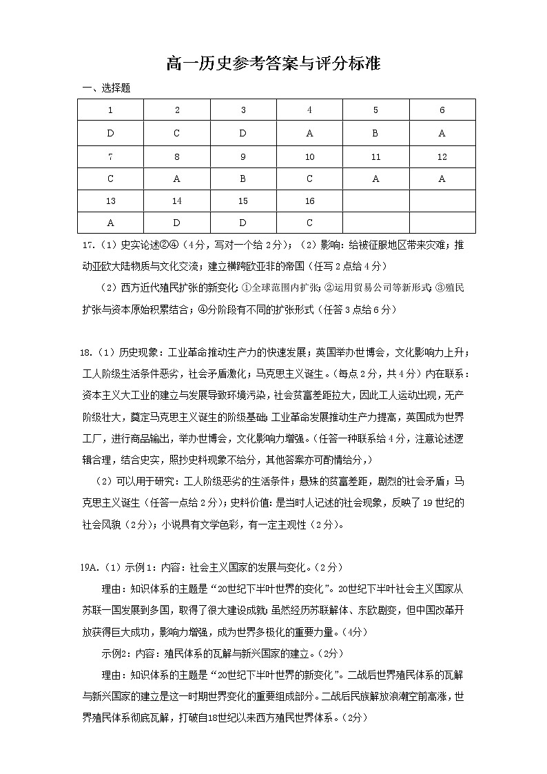 广东省珠海市2021-2022学年高一下学期期末考试历史试题01