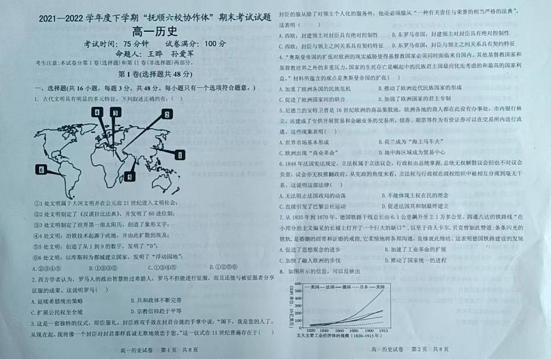 辽宁省抚顺市六校协作体2021-2022学年高一下学期期末考试历史试题01