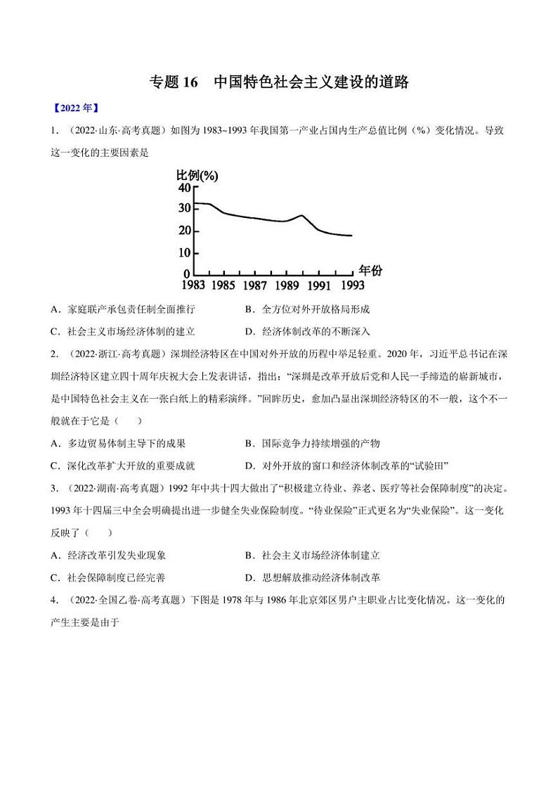 (2013-2022)十年高考历史真题分类汇编 专题16 中国特色社会主义建设的道路（学生版+解析版）第1页