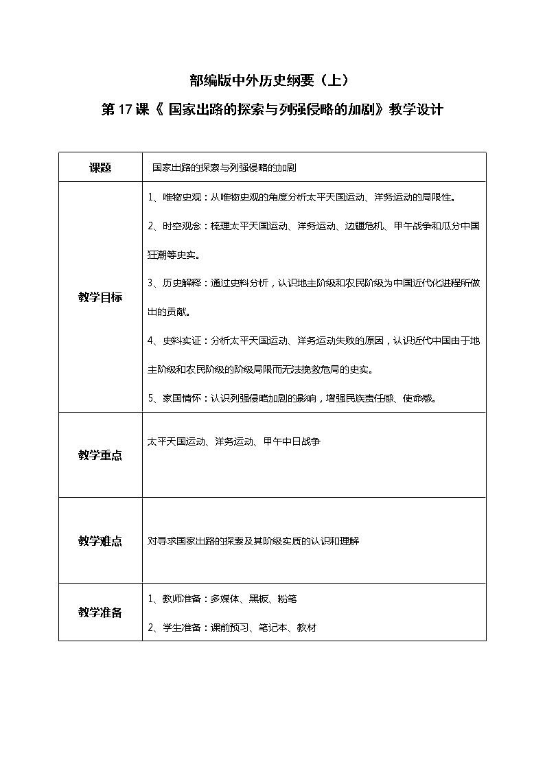 2022-2023学年高中历史统编版（2019）必修中外历史纲要上册第17课 《国家出路的探索与列强侵略的加剧》 教学设计第1页