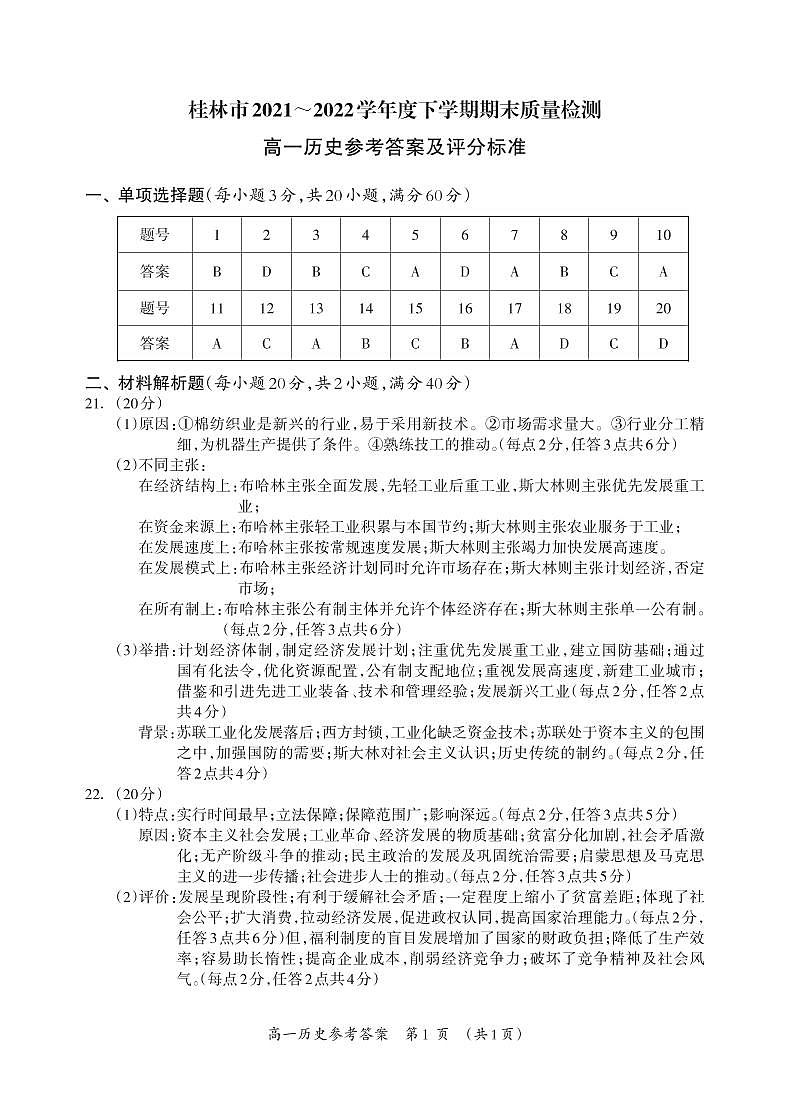 广西壮族自治区桂林市2021-2022学年高一下学期期末质量检测历史试题01