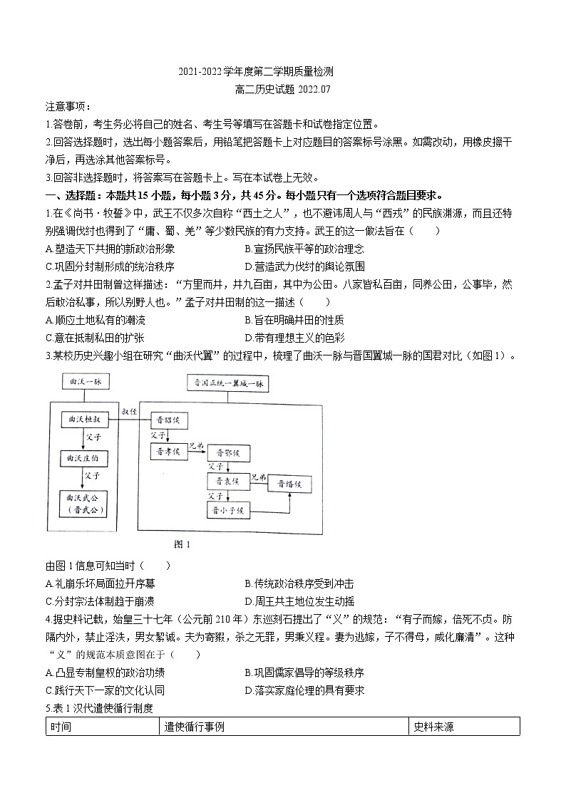 山东省济宁市2021-2022学年高二下学期期末考试历史试题01