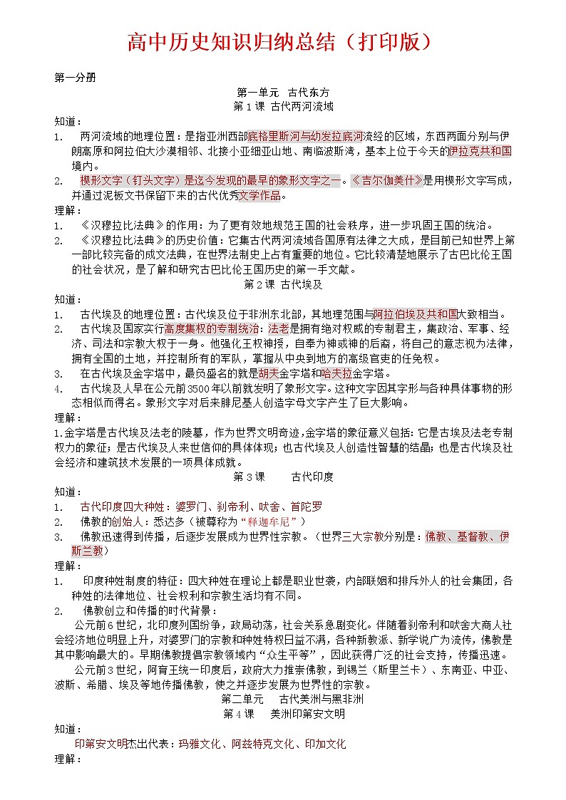 高中历史知识点归纳总结汇总01