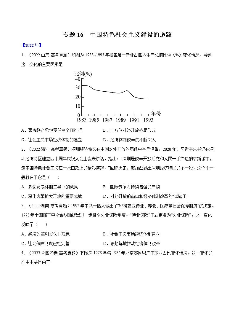 五年（2018-2022）高考历史真题分项汇编（全国通用）专题16 中国特色社会主义建设的道路（原卷版）第1页