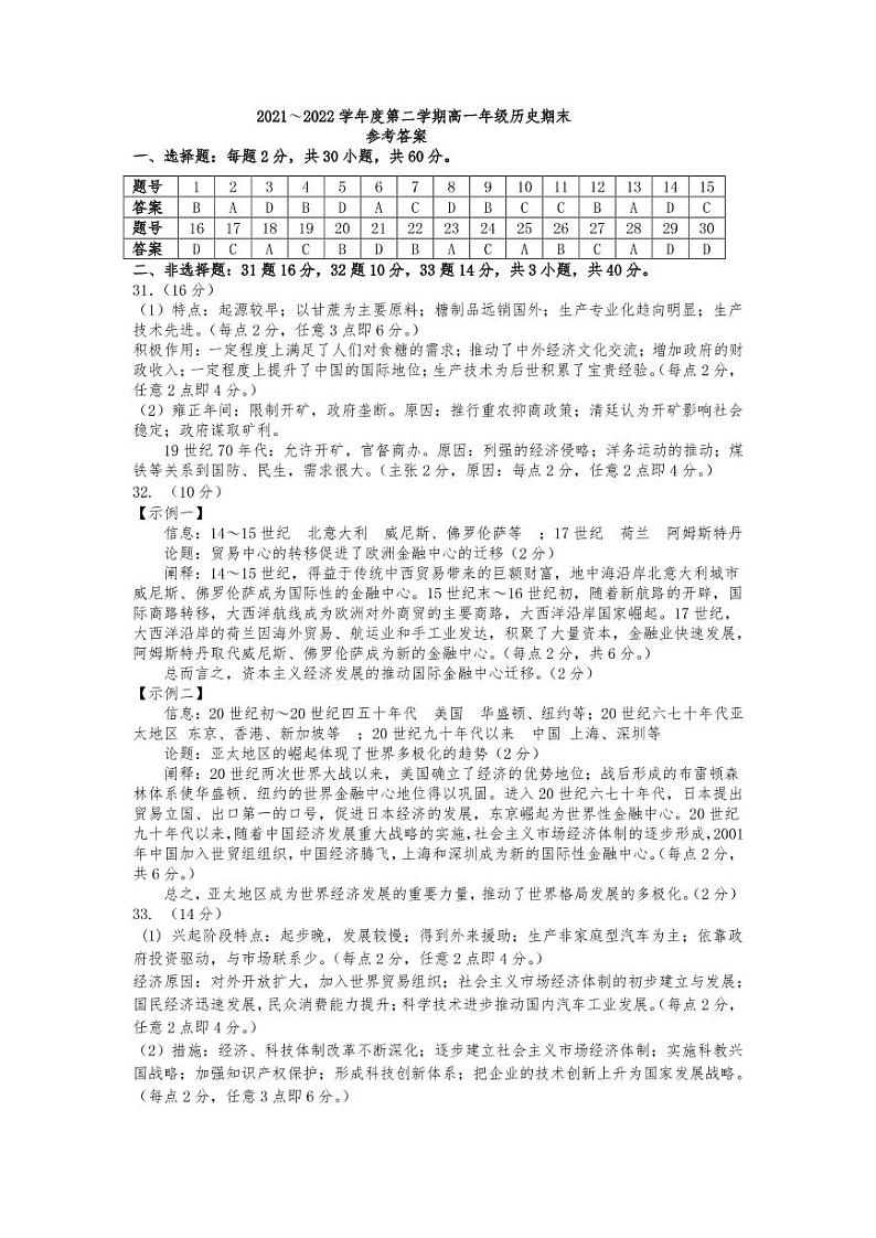内蒙古包头市2021-2022学年高一下学期期末考试历史试题01