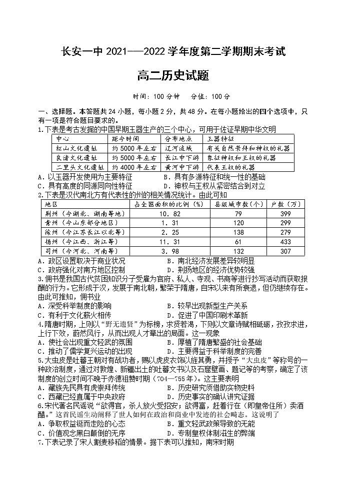 陕西省西安市长安区第一中学2021-2022学年高二下学期期末考试历史试题01