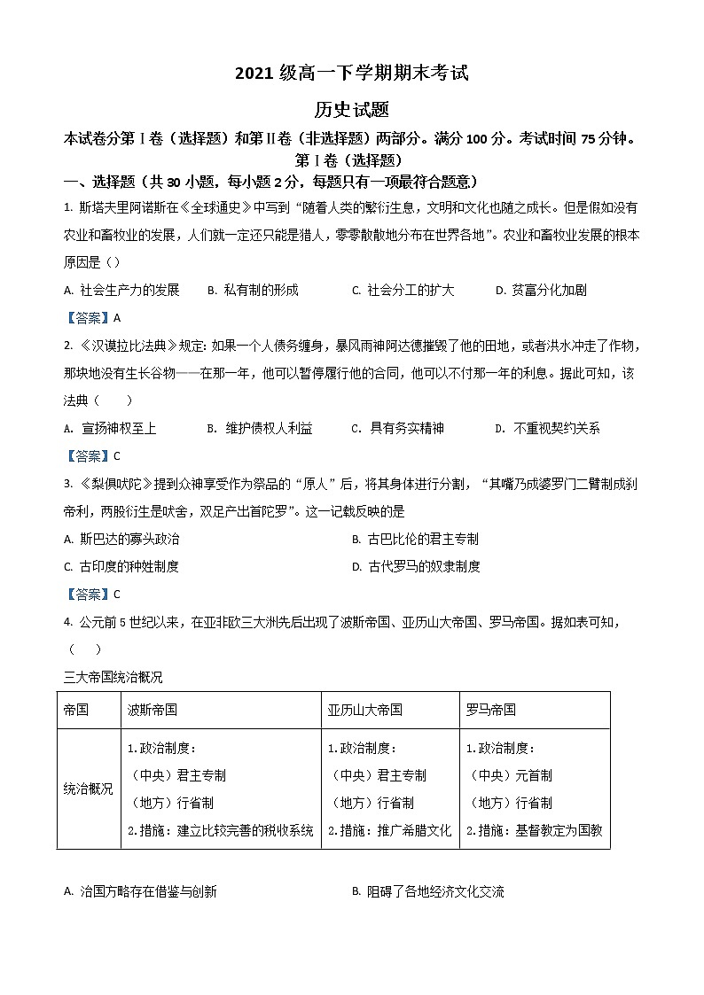 2022合肥六中高一下学期期末考试历史含答案第1页