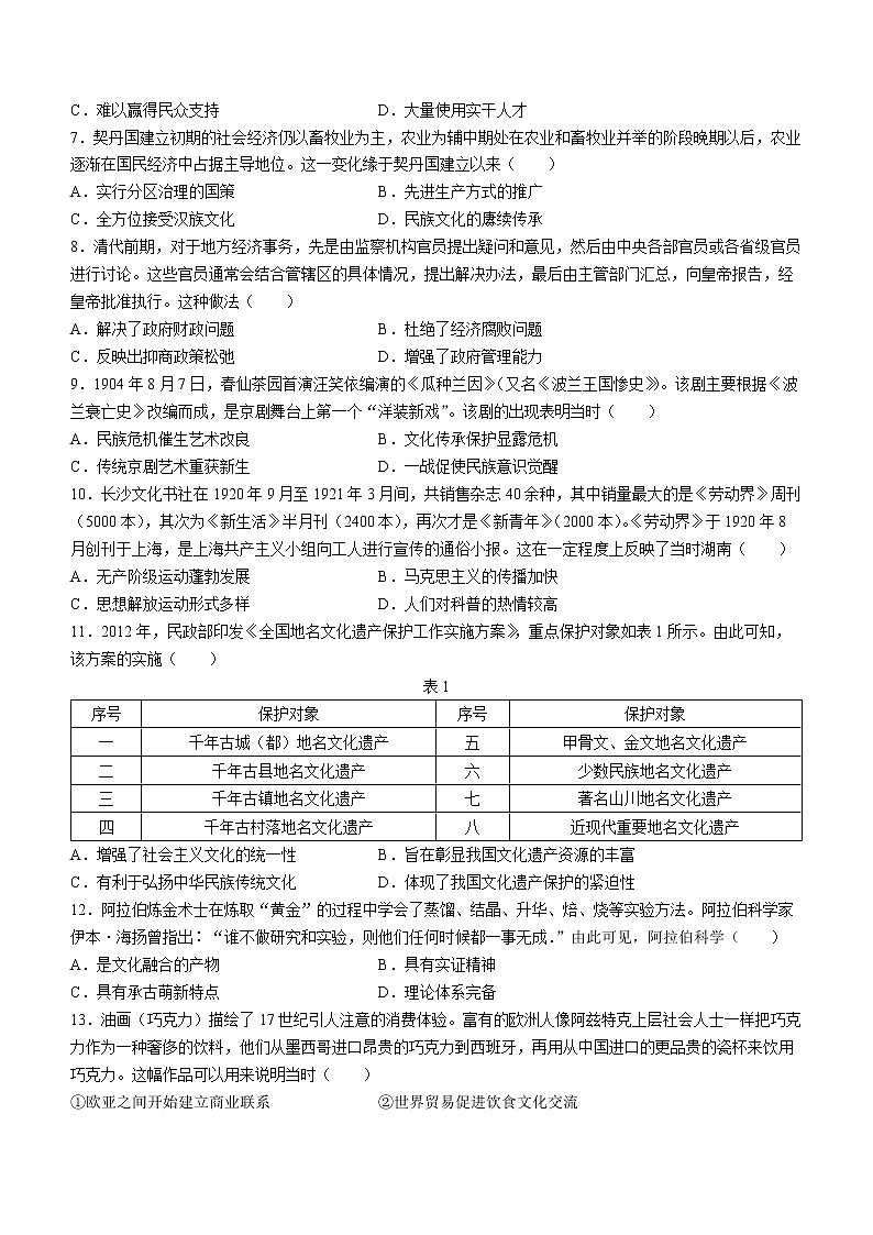 辽宁省抚顺市六校协作体2021-2022学年高二下学期期末考试历史试题02