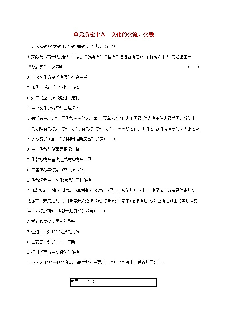 广东专用2023年历史高考一轮复习单元质检十八文化的交流交融含解析统编版第1页