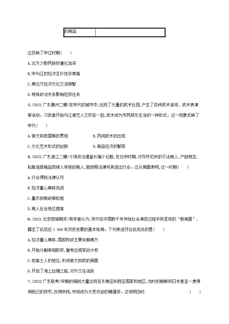 广东专用2023年历史高考一轮复习课时规范练7辽宋夏金元的经济社会和文化含解析统编版02