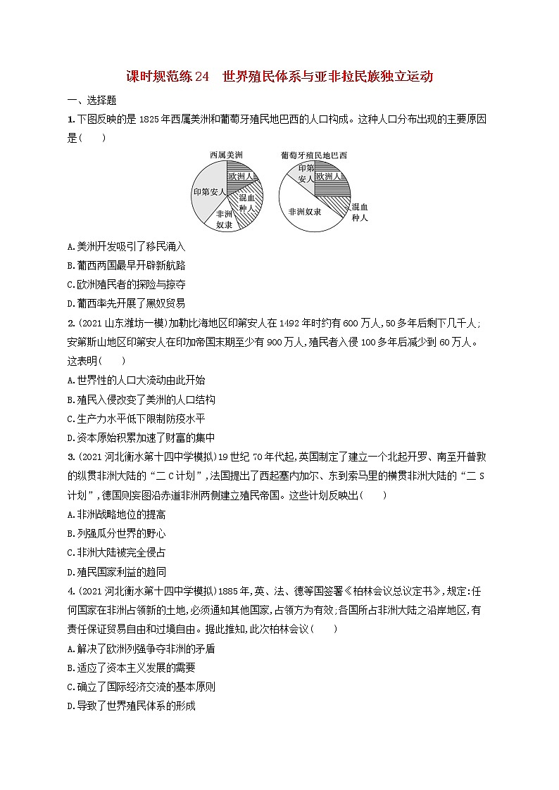 河北专用2023年高考历史一轮复习课时规范练24世界殖民体系与亚非拉民族独立运动含解析统编版第1页