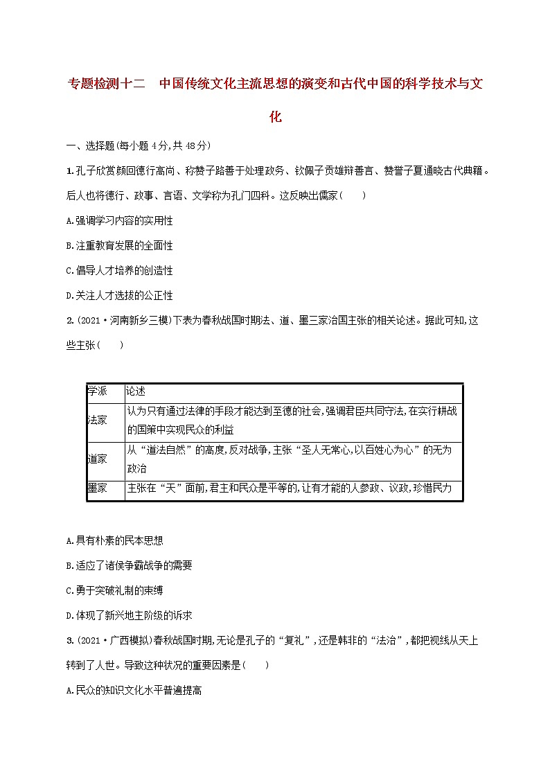 2023年高考历史一轮复习专题检测十二中国传统文化主流思想的演变和古代中国的科学技术与文化含解析人民版第1页