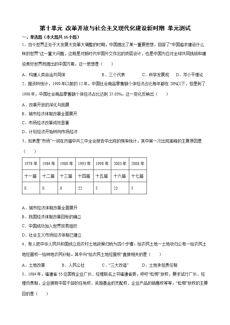 2022-2023学年高一上学期统编版（2019）必修中外历史纲要上第十单元 改革开放与社会主义现代化建设新时期 单元测试第1页