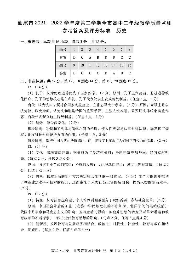 广东省汕尾市2021-2022学年高二下学期期末考试历史试题01