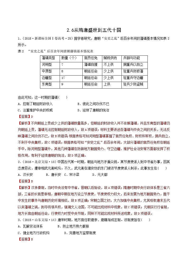 人教版高中历史必修中外历史纲要上第2单元三国两晋南北朝的民族交融与隋唐统一多民族封建国家的发展第6课从隋唐盛世到五代十国习题含答案01