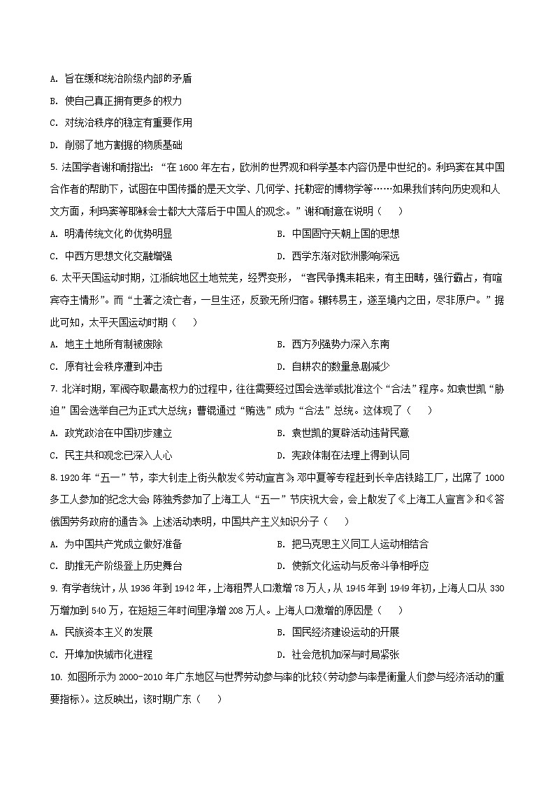 2021-2022学年广东省茂名市普通高中高二下学期期末教学质量监测历史试题Word版含答案02