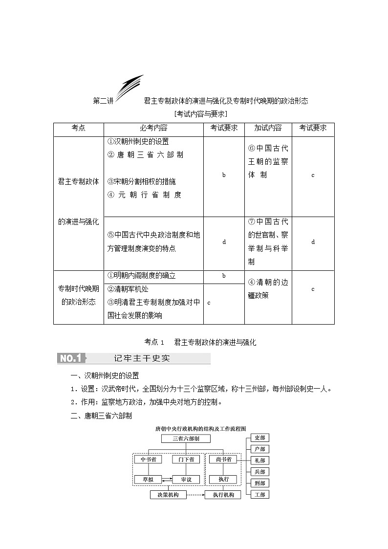 人教版高中历史二次选考专题1第2讲君主专制政体的演进与强化及专制时代晚期的政治形态学案含答案第2页
