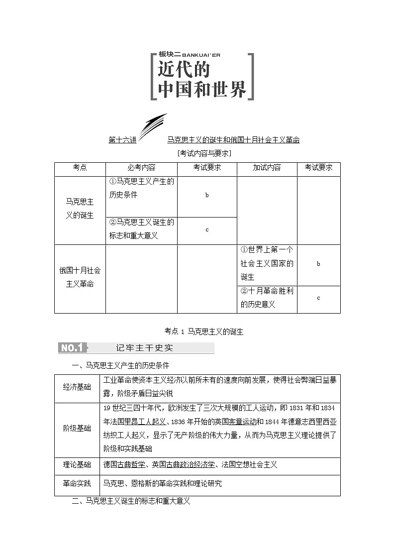 人教版高中历史二次选考专题8第16讲马克思主义的诞生和俄国十月社会主义革命学案含答案第1页