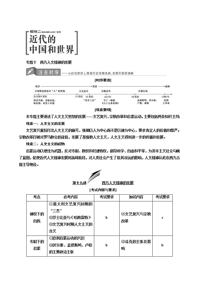 人教版高中历史二次选考专题10第19讲西方人文精神的发展学案含答案第1页