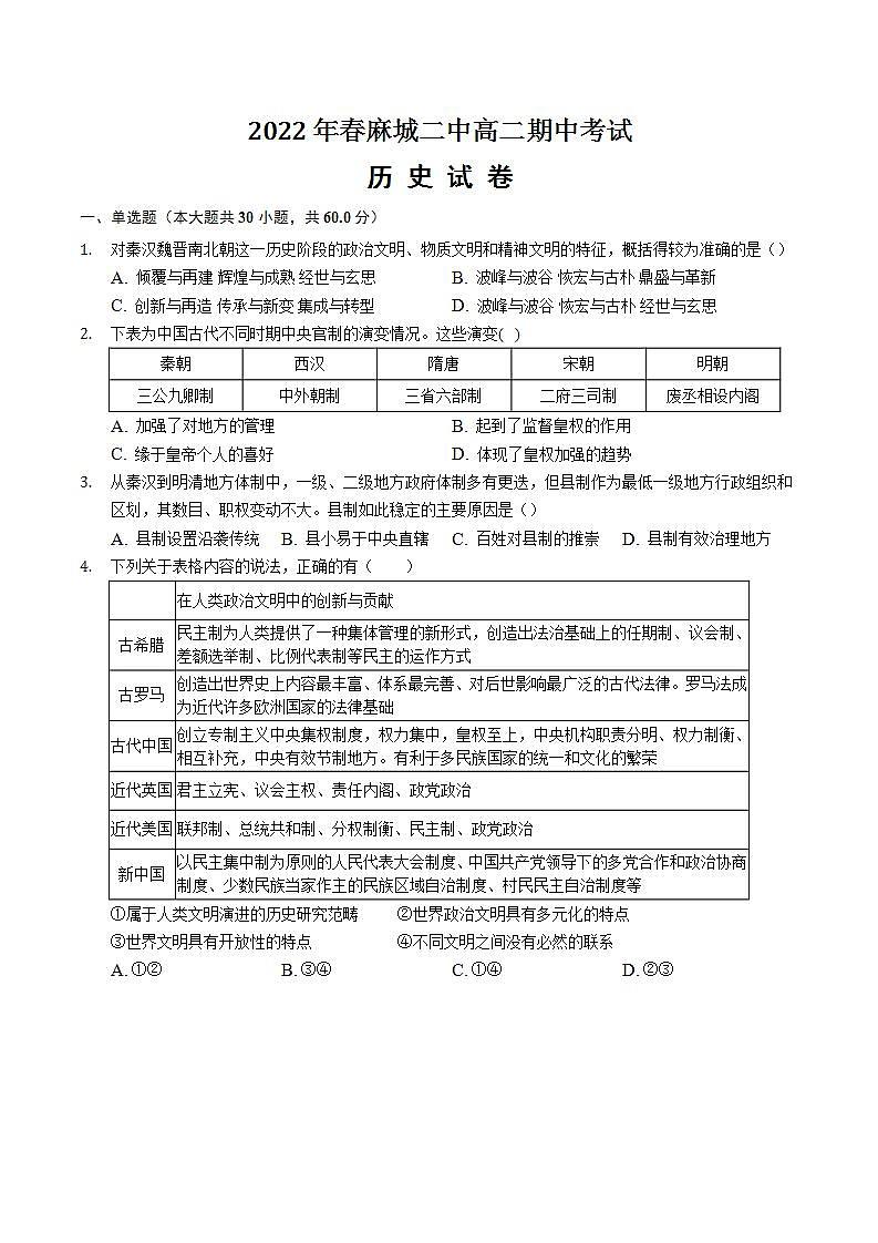 2021-2022学年湖北省麻城市第二中学高二下学期期中考试历史试题含解析01