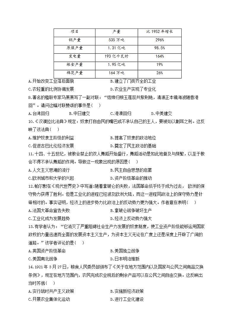 江西省上饶市广丰中学2021-2022学年高一上学期开学摸底考试历史试卷02