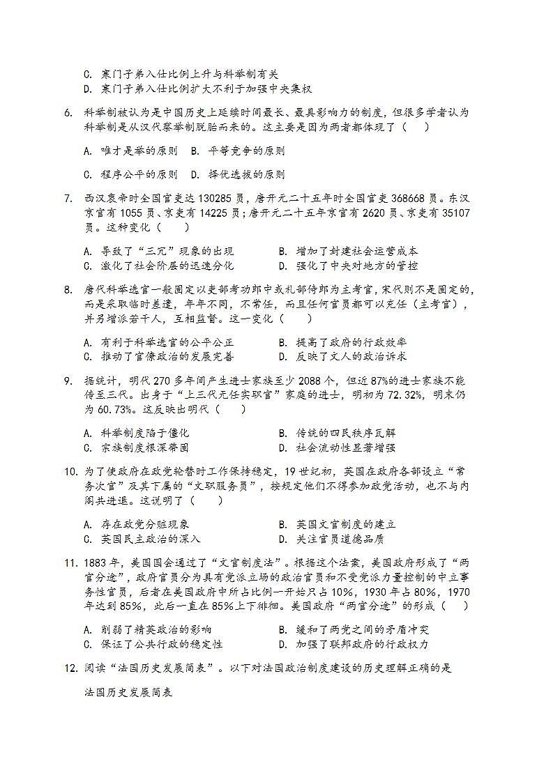 2022-2023学年高中历史统编版（2019）选择性必修一第二单元《官员的选拔与管理》单元练习第2页