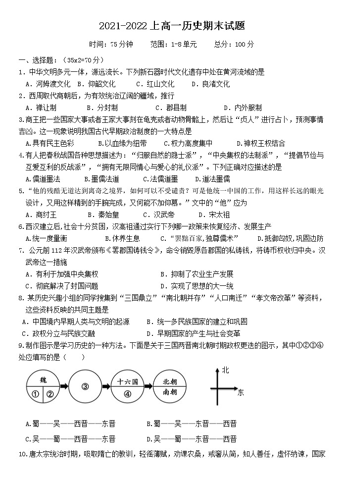 黑龙江省饶河县高级中学2021-2022学年高一上学期期末考试历史试题01