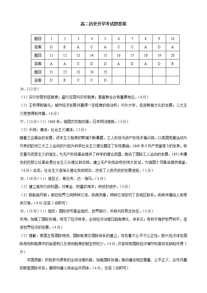 黑龙江省鹤岗市第一中学2022-2023学年高二上学期开学考试历史答案第1页