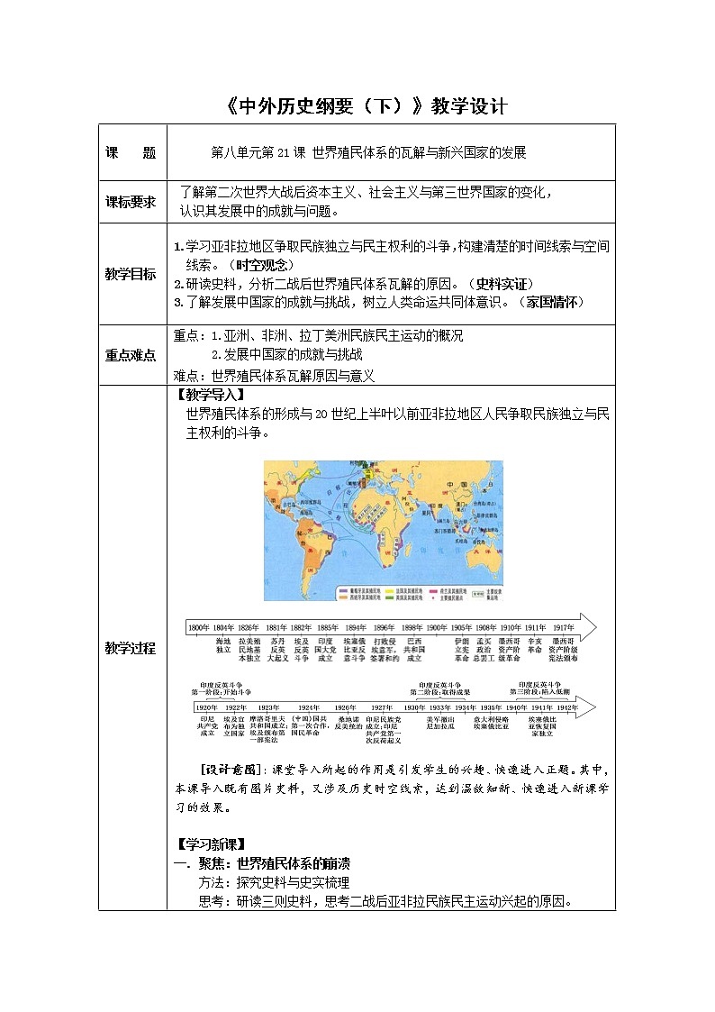 高中历史必修下 第20课 世界殖民体系的瓦解与新兴国家的发展》名师精品教案教学设计01
