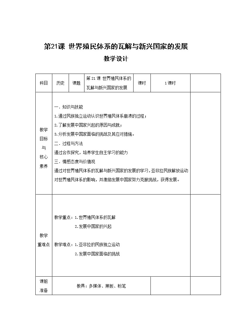 高中历史必修下 第20课 世界殖民体系的瓦解与新兴国家的发展》课堂教学教案教学设计第1页