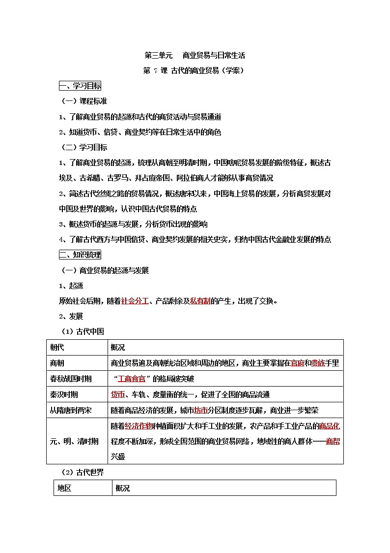 高中历史选修二 第7课 古代的商业贸易  学案（含答案）第1页