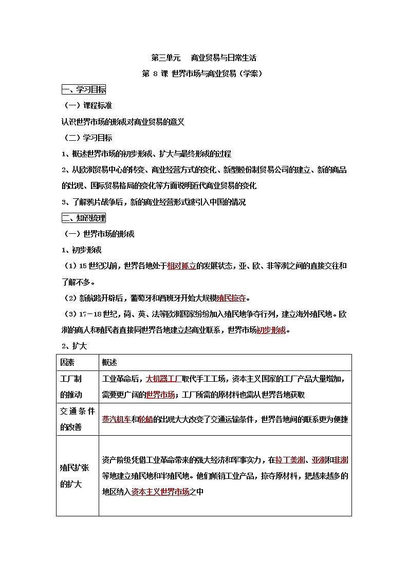 高中历史选修二 第8课 世界市场与商业贸易  学案（含答案）第1页
