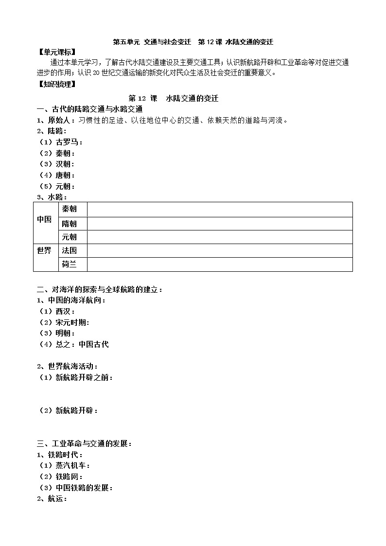 高中历史选修二 第12课 水陆交通的变迁 学案经济与社会生活01
