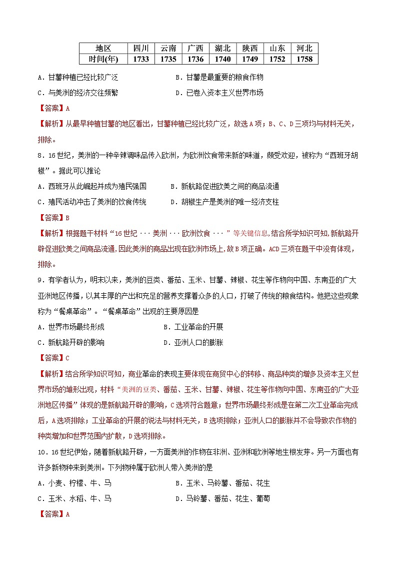 高中历史选修二 第2课 新航路开辟后的食物物种交流（含答案） 试卷03
