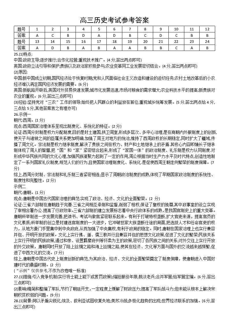 高三历史考试参考答案第1页
