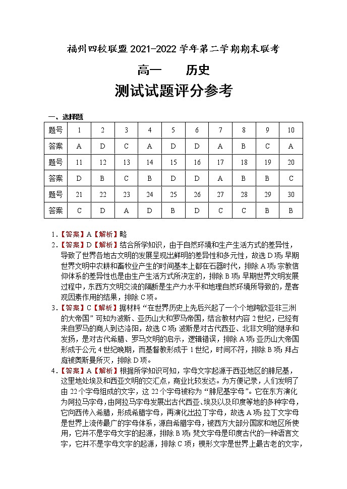 福州四校联盟2021-2022学年第二学期期末联考高一历史参考答案第1页