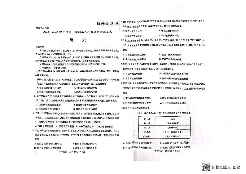 2023包头高三上学期开学调研考试历史试题扫描版含答案01