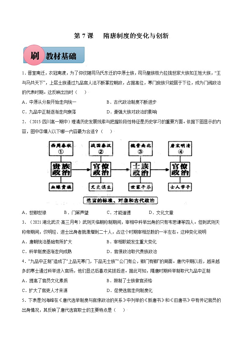 第7课+隋唐制度的变化与创新-【必刷题】2022-2023学年高一历史同步练习（中外历史纲要上）01