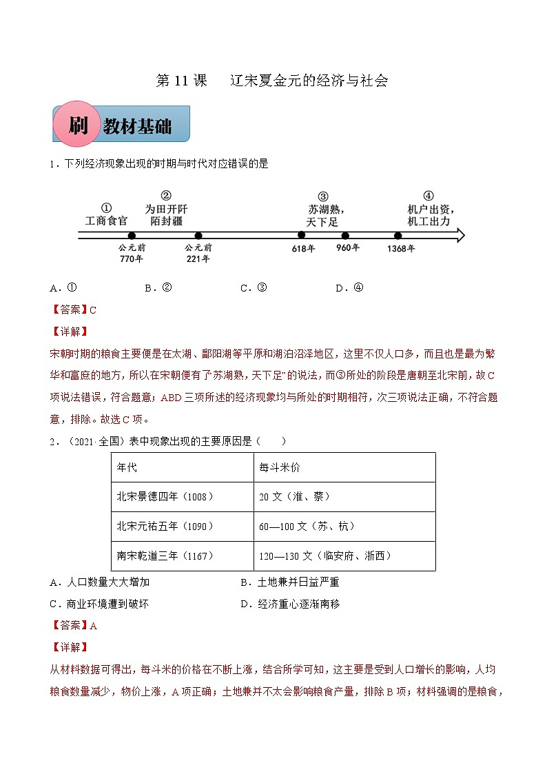 第11课+辽宋夏金元的经济与社会-【必刷题】2022-2023学年高一历史同步练习（中外历史纲要上）01