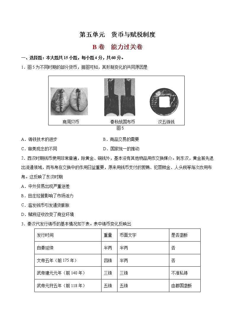 第5单元 货币与赋税制度（能力过关卷）-【单元过关卷】高二历史同步单元测试卷（选择性必修1）01