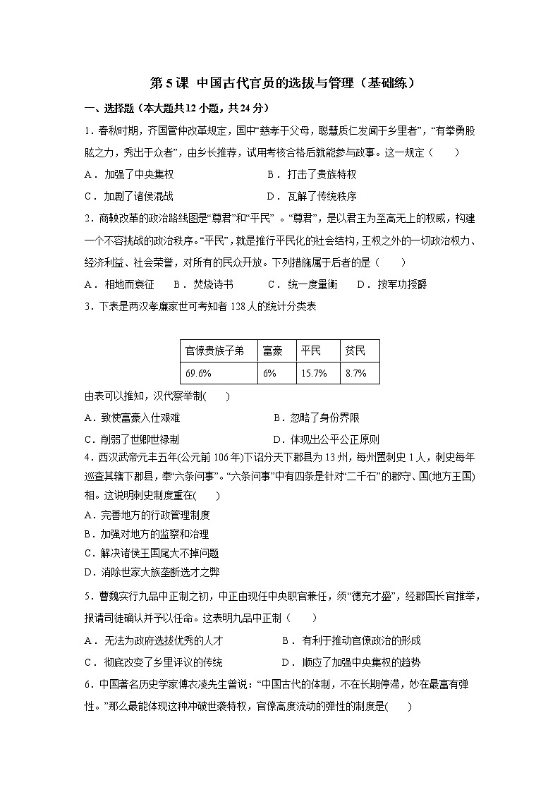 第5课 中国古代官员的选拔与管理（基础练）（原卷版）—2022-2023学年高二历史十分钟同步课堂专练（选择性必修1国家制度与社会治理）第1页