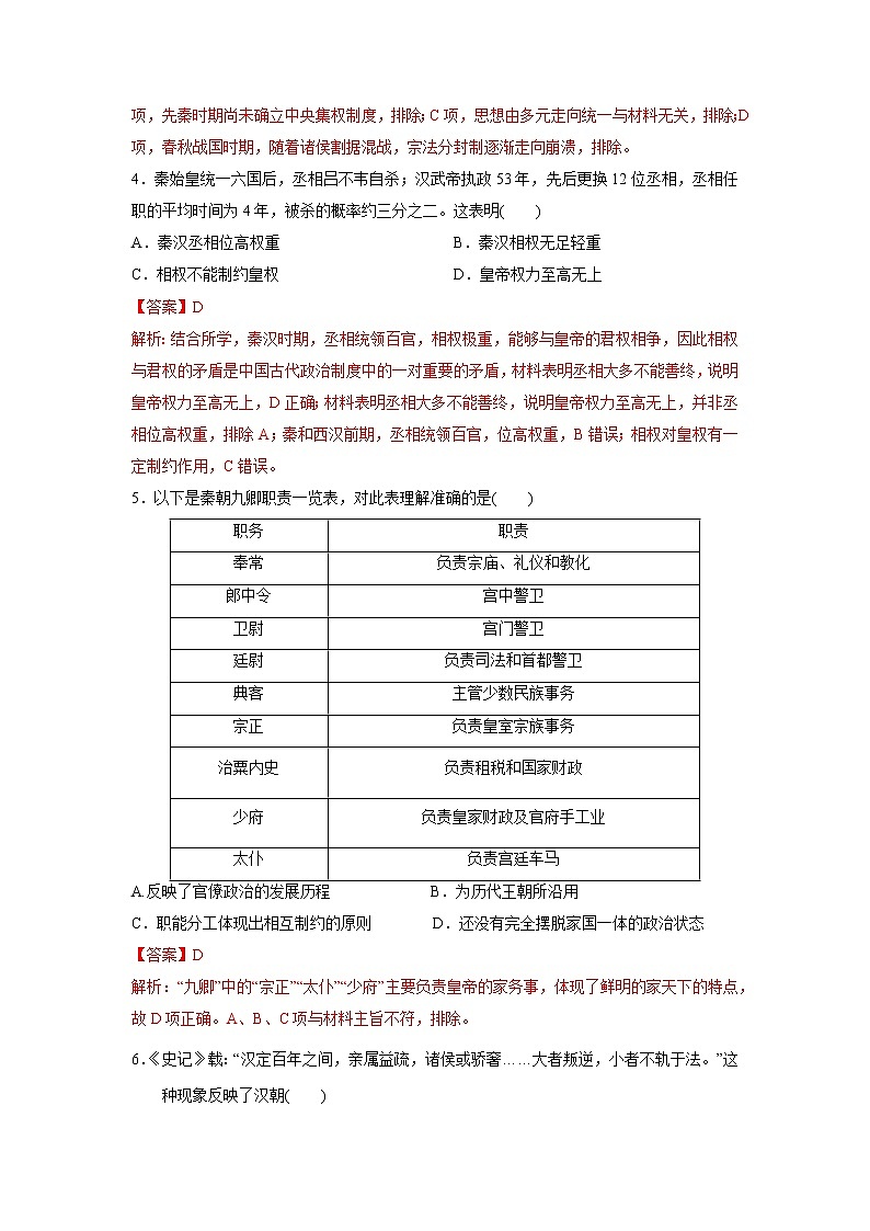 第1课 中国古代政治制度的形成与发展（基础练）（解析版）—2022-2023学年高二历史十分钟同步课堂专练（选择性必修1国家制度与社会治理）第2页